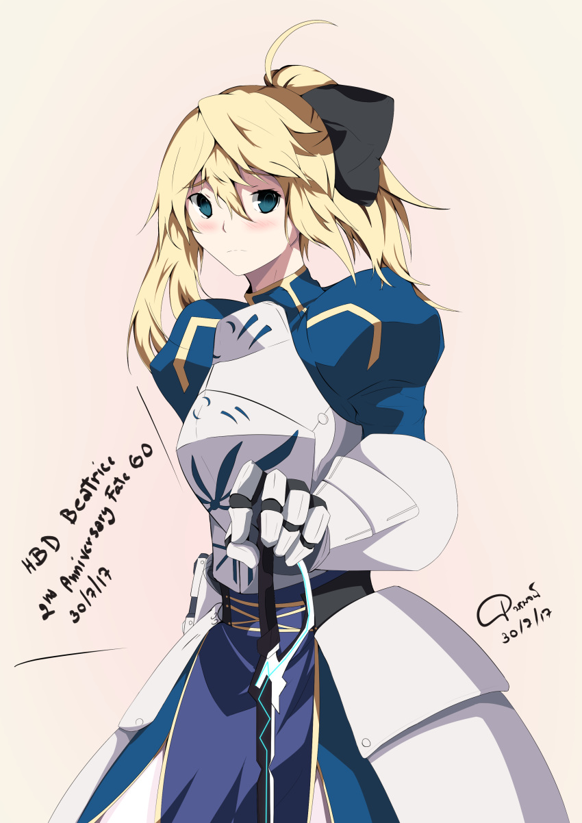 absurdres armor armored_dress artoria_pendragon_(all) beatrice_waltrud_von_kircheisen blonde_hair breasts cosplay dated dies_irae fate/stay_night fate_(series) gauntlets green_eyes highres medium_breasts pornpojbeatrice saber saber_(cosplay) solo weapon