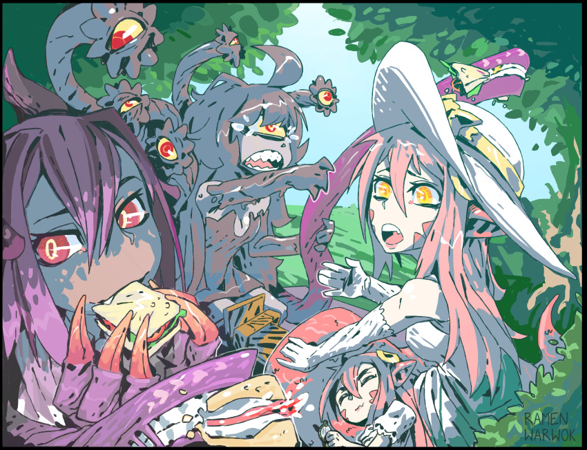 absurdres ahoge animal_ears artist_name bare_shoulders black_border black_hair blue_sky border cherry_(snekfag) claws closed_eyes commentary commission crossover cyclops day dragon_girl dragon_horns dragon_wings dress eating elbow_gloves english_commentary extra_eyes extra_mouth food food_theft forest gazer_(monster_girl_encyclopedia) gloves hair_between_eyes hair_ornament hat head_fins heart highres holding holding_food horns jabberwock_(monster_girl_encyclopedia) lamia long_hair looking_at_another miia_(monster_musume) monster_girl monster_girl_encyclopedia monster_musume_no_iru_nichijou multiple_girls nature on_grass one-eyed open_mouth original outdoors pastel_colors picnic picnic_basket pointy_ears purple_hair ramenwarwok red_eyes red_hair sandwich signature sky smile sun_hat sundress tears tentacles tree white_dress white_gloves wide-eyed wings yellow_eyes yellow_sclera