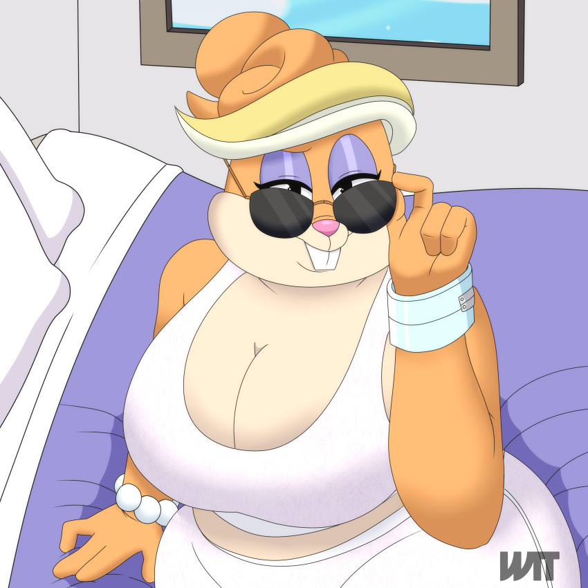 2018 4_fingers absurd_res anthro bed bed_sheet bedding big_breasts bracelet breasts buckteeth cleavage clothed clothing detailed_background dress eyeshadow eyewear female fully_clothed fur half-closed_eyes hi_res jewelry lagomorph looking_at_viewer makeup mammal mature_female orange_fur patricia_bunny pillow pink_nose rabbit sitting solo sunglasses teeth the_looney_tunes_show warner_brothers window wit