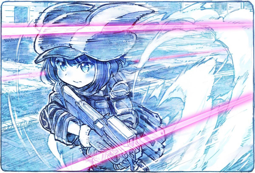 gloves gun gun_gale_online hat kohiruimaki_karen llenn_(sao) loli military polychromatic sakino_shingetu short_hair sketch sword_art_online sword_art_online_alternative:_gun_gale_online weapon