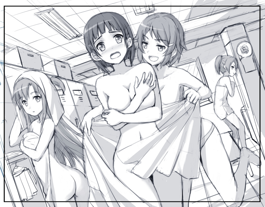 :d ass assisted_exposure asuna_(sao) bangs black_border blunt_bangs blush border breasts embarrassed eyebrows_visible_through_hair greyscale hair_ornament hairclip highres kirigaya_suguha large_breasts lisbeth locker locker_room long_hair looking_at_viewer looking_back monochrome multiple_girls naked_towel navel neon_lights one_side_up open_mouth short_hair silica sketch smile spoken_squiggle squiggle standing sword_art_online tonee towel twintails wide-eyed yuri