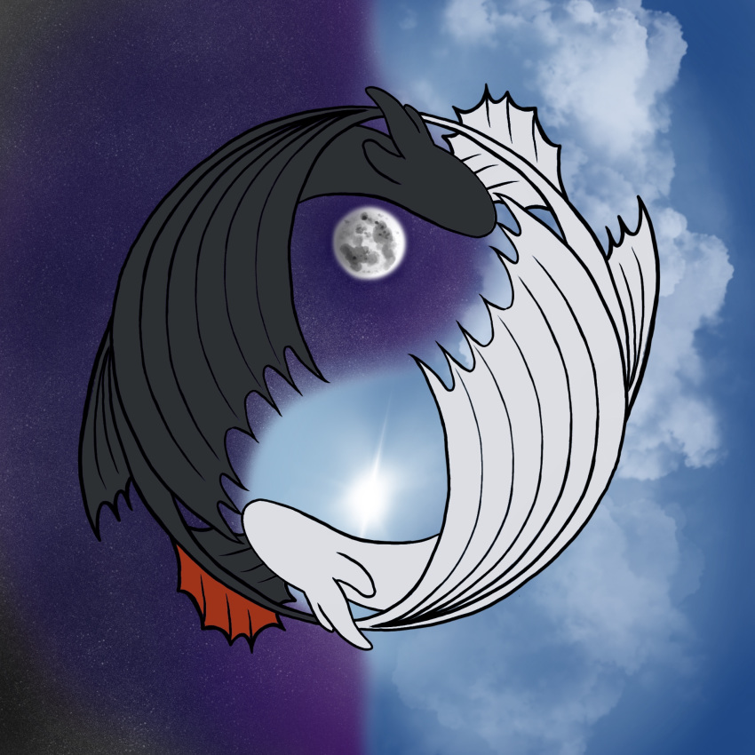 2018 absurd_res cloud dragon duo female hi_res how_to_train_your_dragon invalid_tag light_fury male male/female moon night_fury sky star sun toothless wings yin_yang