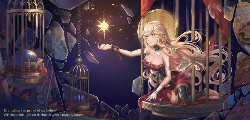bandages bare_shoulders barefoot blonde_hair blood breasts cage choker cleavage earrings egg gloves highres jewelry large_breasts long_hair nest saber_01 scar sdorica_-sunset- single_glove single_thighhigh sitting solo thighhighs torn_clothes torn_legwear yellow_eyes