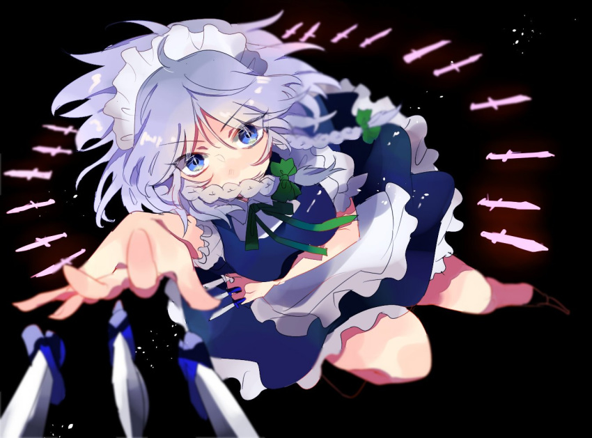 apron arm_under_breasts black_background black_footwear black_legwear blue_dress blue_eyes bow braid breast_hold breasts commentary covered_mouth dress eyebrows_visible_through_hair foreshortening frilled_apron frills full_body green_bow green_neckwear green_ribbon hair_bow holding holding_knife holding_weapon izayoi_sakuya kneehighs knife knives_between_fingers leg_up looking_at_viewer maid maid_apron maid_headdress medium_breasts neck_ribbon petticoat potesara puffy_short_sleeves puffy_sleeves ribbon shoes short_hair short_sleeves silver_hair simple_background solo throwing touhou twin_braids v-shaped_eyebrows waist_apron weapon white_apron wing_collar
