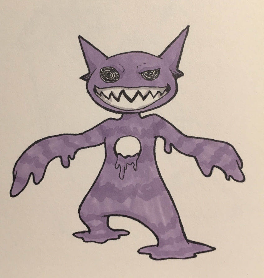 2017 3_fingers alternate_color alternate_species ambiguous_gender biped black_eyes evil_grin fak&eacute;mon featureless_feet front_view full-length_portrait goo_creature hatching_(technique) hi_res hole_(anatomy) humanoid imp looking_at_viewer marker_(artwork) mfanjul mixed_media nintendo not_furry pen_(artwork) pok&eacute;mon pok&eacute;mon_(species) portrait sableye shadow sharp_teeth simple_background slime smile solo spikes spiral_eyes standing teeth toony traditional_media_(artwork) video_games white_background