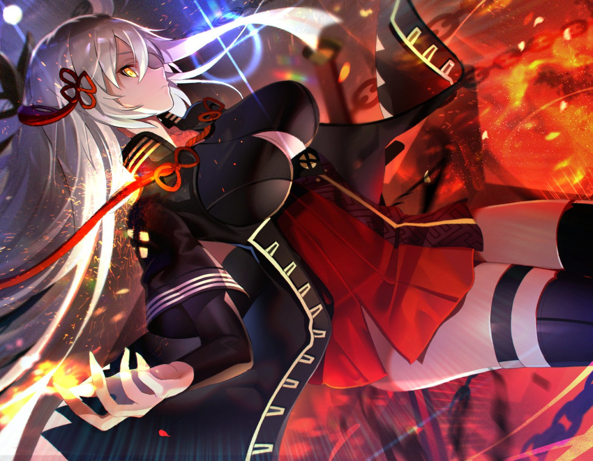 black_legwear breasts chain cleavage collarbone commentary_request cowboy_shot fate/grand_order fate_(series) fire floating_hair hair_between_eyes hair_ribbon high-waist_skirt highres large_breasts long_hair miniskirt nayuta_(una) okita_souji_(alter)_(fate) okita_souji_(fate)_(all) petals pleated_skirt red_ribbon red_skirt ribbon silver_hair skirt solo thigh_strap thighhighs very_long_hair yellow_eyes