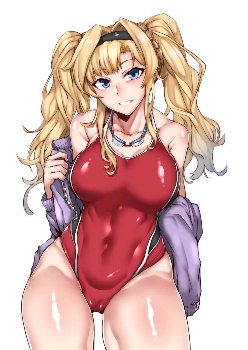 absurdres blonde_hair blue_eyes breasts competition_swimsuit covered_navel cowboy_shot gggg goggles goggles_around_neck granblue_fantasy hair_intakes highres jacket large_breasts looking_at_viewer one-piece_swimsuit open_clothes open_jacket parted_lips purple_jacket red_swimsuit simple_background solo swimsuit twintails white_background zeta_(granblue_fantasy)