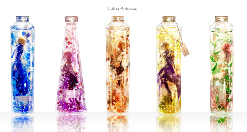 4girls absurdres artoria_pendragon_(all) black_legwear blonde_hair blue_jacket bottle braid cherry commentary_request fate/grand_order fate_(series) food from_side fruit fujimaru_ritsuka_(female) glass glass_bottle glasses headgear highres jacket jeanne_d'arc_(fate)_(all) label lavender_hair long_sleeves mash_kyrielight multiple_girls profile purple_jacket rainbow_order reflection romani_archaman saber simple_background thighhighs tsugutoku white_background