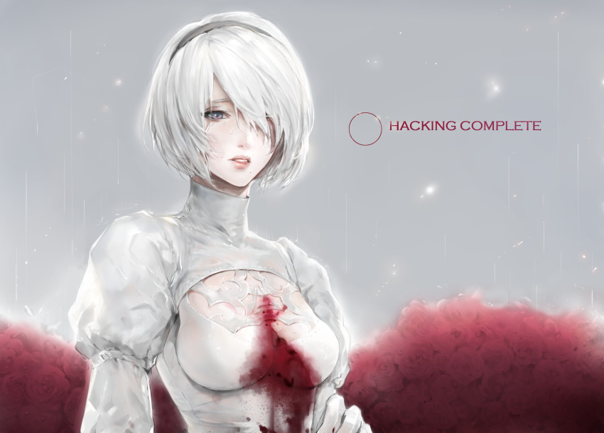 absurdres alternate_color bangs blood bloody_clothes blue_eyes breasts cleavage cleavage_cutout dress english flower gloves grey_background grey_hairband hair_over_one_eye hairband highres juliet_sleeves light_particles long_sleeves looking_away looking_down medium_breasts mole mole_under_mouth mucuzi nier_(series) nier_automata no_blindfold parted_bangs parted_lips puffy_sleeves rain red_flower rose sad short_hair solo turtleneck upper_body wet white_dress white_gloves yorha_no._2_type_b