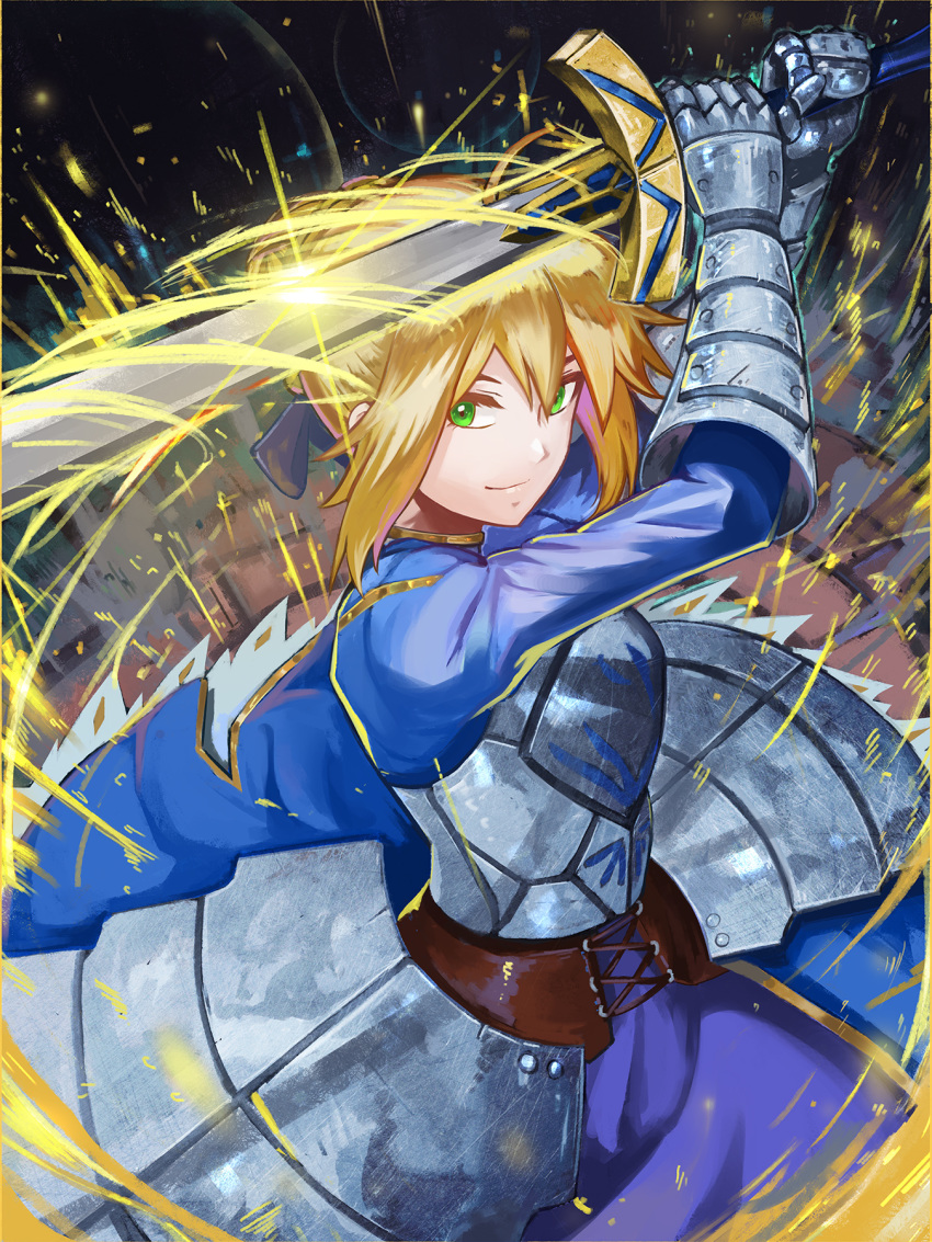 armor armored_dress artoria_pendragon_(all) blonde_hair blue_bow blue_dress bow breastplate closed_mouth cowboy_shot dress excalibur fate/stay_night fate_(series) gauntlets green_eyes hair_bow highres holding holding_sword holding_weapon looking_at_viewer memekun saber short_hair smile solo sword weapon