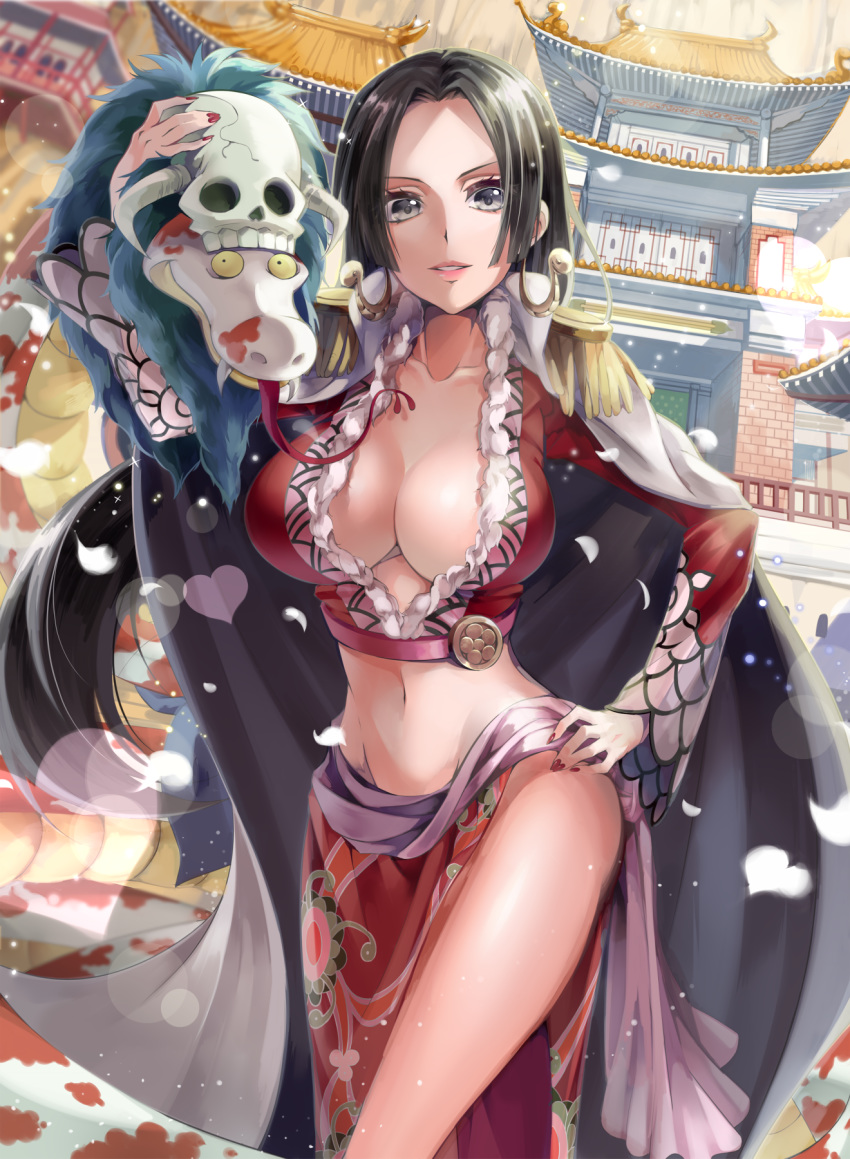 architecture black_eyes black_hair boa_hancock breasts cape cleavage earrings east_asian_architecture epaulettes fur_trim hand_on_hip highres jewelry large_breasts lips long_hair long_sleeves midriff navel one_piece salome_(one_piece) shichibukai skull snake snake_earrings white_cape yache