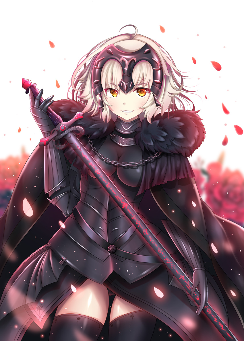 ahoge black_armor black_cape black_gloves black_legwear blonde_hair cape chain fate/grand_order fate_(series) flower fur_trim gloves grin headpiece highres holding holding_sword holding_weapon jeanne_d'arc_(alter)_(fate) jeanne_d'arc_(fate)_(all) lokyin_house looking_at_viewer petals red_flower red_rose rose short_hair smile solo sword thighhighs thighs weapon white_background yellow_eyes