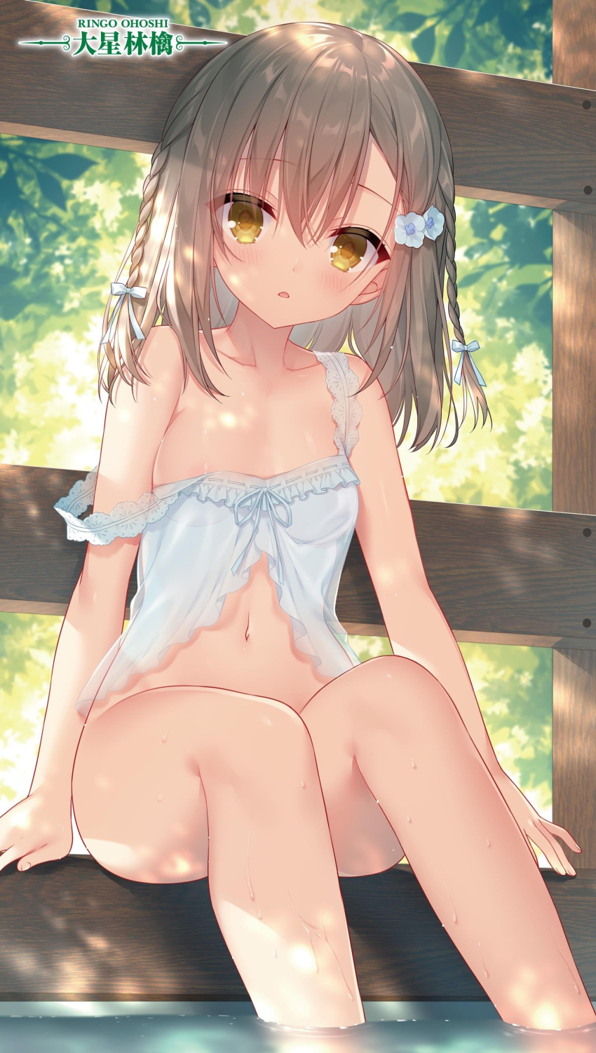 :o absurdres areola_slip areolae arms_at_sides babydoll bangs bare_arms bare_legs bare_shoulders blush bow braid breasts brown_eyes brown_hair choujin_koukousei-tachi_wa_isekai_demo_yoyuu_de_ikinuku_you_desu! collarbone day eyebrows_visible_through_hair fingernails flower foliage hair_between_eyes hair_bow hair_flower hair_ornament highres lingerie long_hair looking_at_viewer navel off_shoulder oohoshi_ringo open_mouth outdoors sakura_neko see-through sitting small_breasts solo stomach thighs tree twin_braids underwear wading water wet white_bow