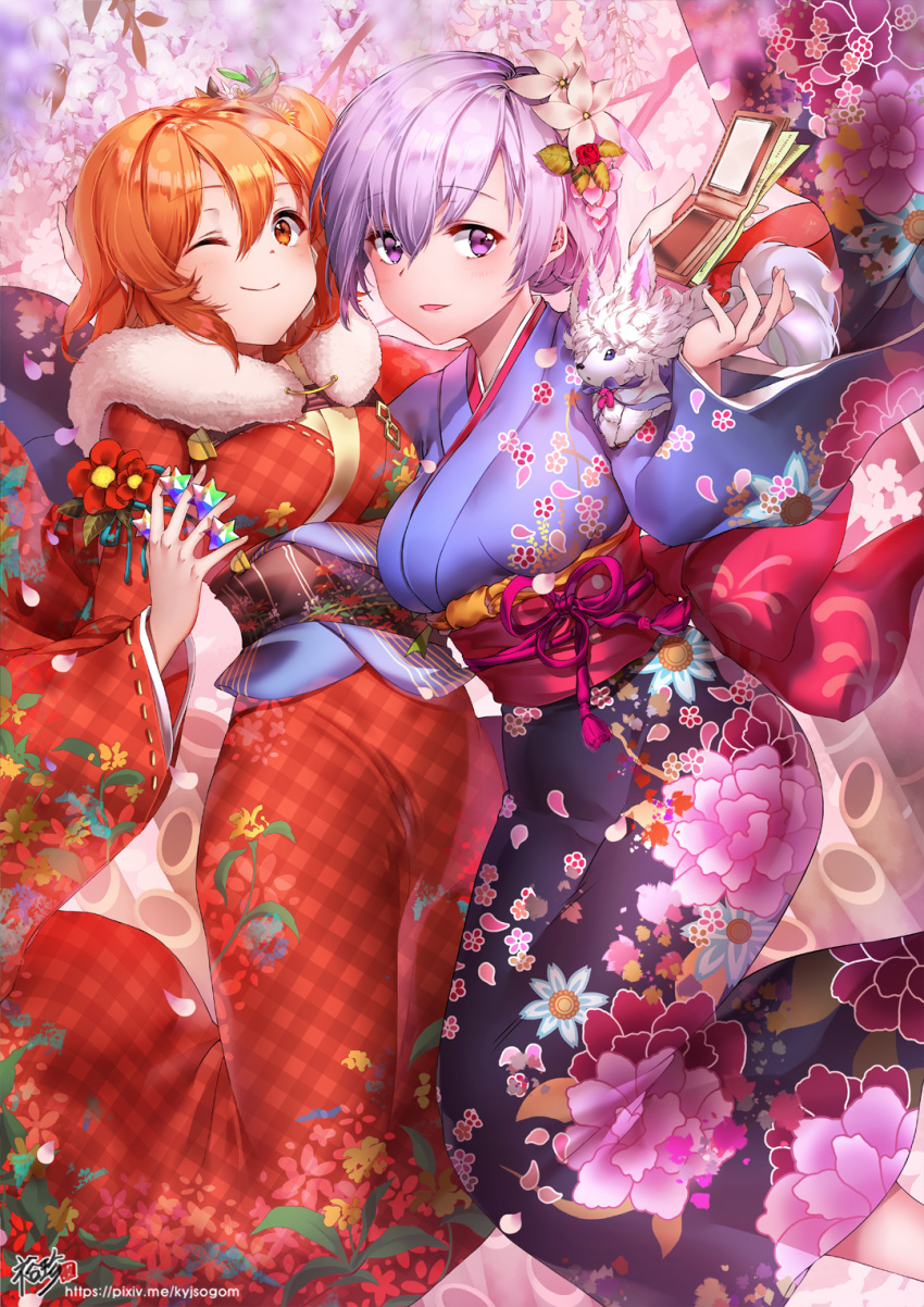 ;) animal animal_on_shoulder between_fingers breasts brown_eyes brown_hair commentary_request eyebrows_visible_through_hair fate/grand_order fate_(series) floral_print flower fou_(fate/grand_order) fujimaru_ritsuka_(female) hair_flower hair_ornament highres japanese_clothes kimono kyjsogom mash_kyrielight medium_breasts money multiple_girls obi one_eye_closed one_side_up purple_eyes purple_hair saint_quartz sash short_hair smile star wallet