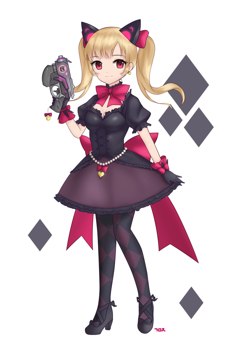 absurdres alternate_costume animal_ears argyle argyle_legwear bell black_cat_d.va black_dress black_footwear black_gloves blonde_hair bow bowtie breasts cat_ears charm_(object) cleavage corset d.va_(overwatch) dress earrings eyebrows_visible_through_hair frilled_dress frills full_body gamoja gloves gun handgun heart heart_earrings high_heels highres holding holding_gun holding_weapon jewelry jingle_bell large_bow light_smile lolita_fashion looking_at_viewer medium_breasts medium_hair overwatch pantyhose pink_bow pistol puffy_short_sleeves puffy_sleeves purple_skirt red_eyes short_sleeves signature simple_background skirt solo twintails weapon white_background