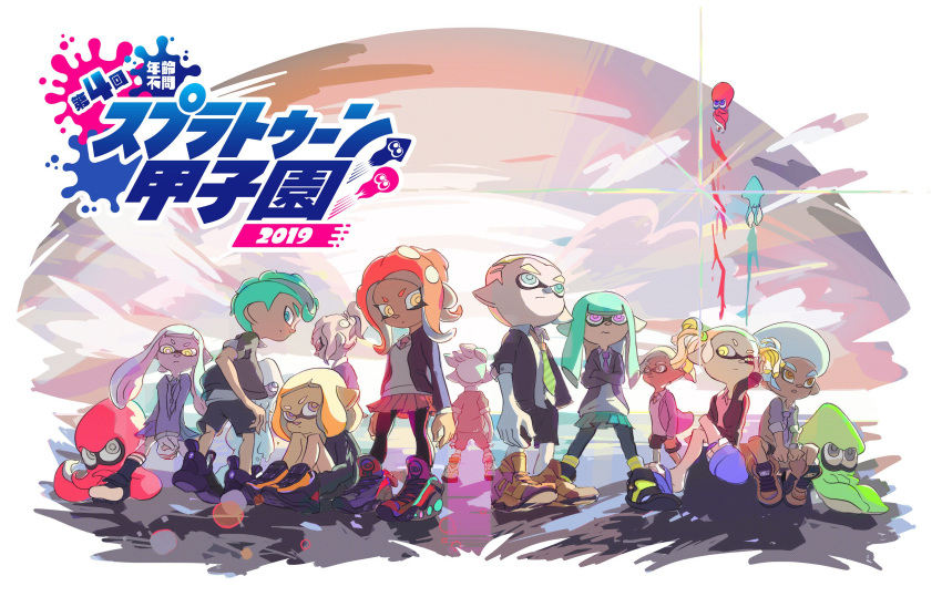 6+boys absurdres afro back commentary_request crossed_arms crossed_legs dark_skin hand_on_own_face hands_together highres inkling inoue_seita lens_flare looking_at_viewer looking_back midair multiple_boys multiple_girls necktie nintendo octarian octoling official_art open_collar pantyhose pointy_ears school_uniform serious shoes short_hair_with_long_locks sidelocks sitting skirt sleeves_rolled_up sneakers splatoon_(series) splatoon_2 standing tentacle_hair twintails