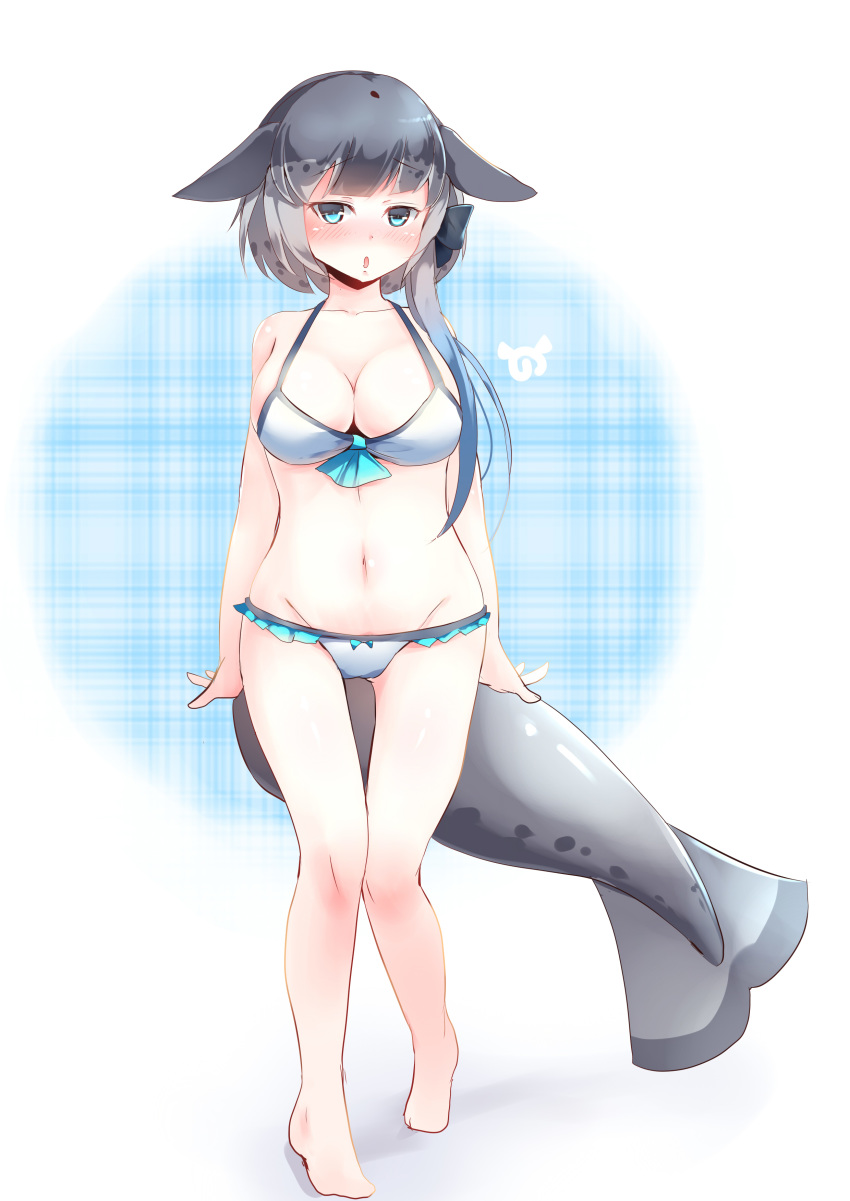 absurdres arms_at_sides barefoot bikini black_bow blue_eyes blush bow breasts cleavage flower groin hair_bow highres japari_symbol kanzakietc kemono_friends looking_at_viewer low_ponytail medium_breasts narwhal_(kemono_friends) narwhal_tail navel open_mouth short_hair_with_long_locks side_ponytail simple_background solo standing swimsuit thigh_gap