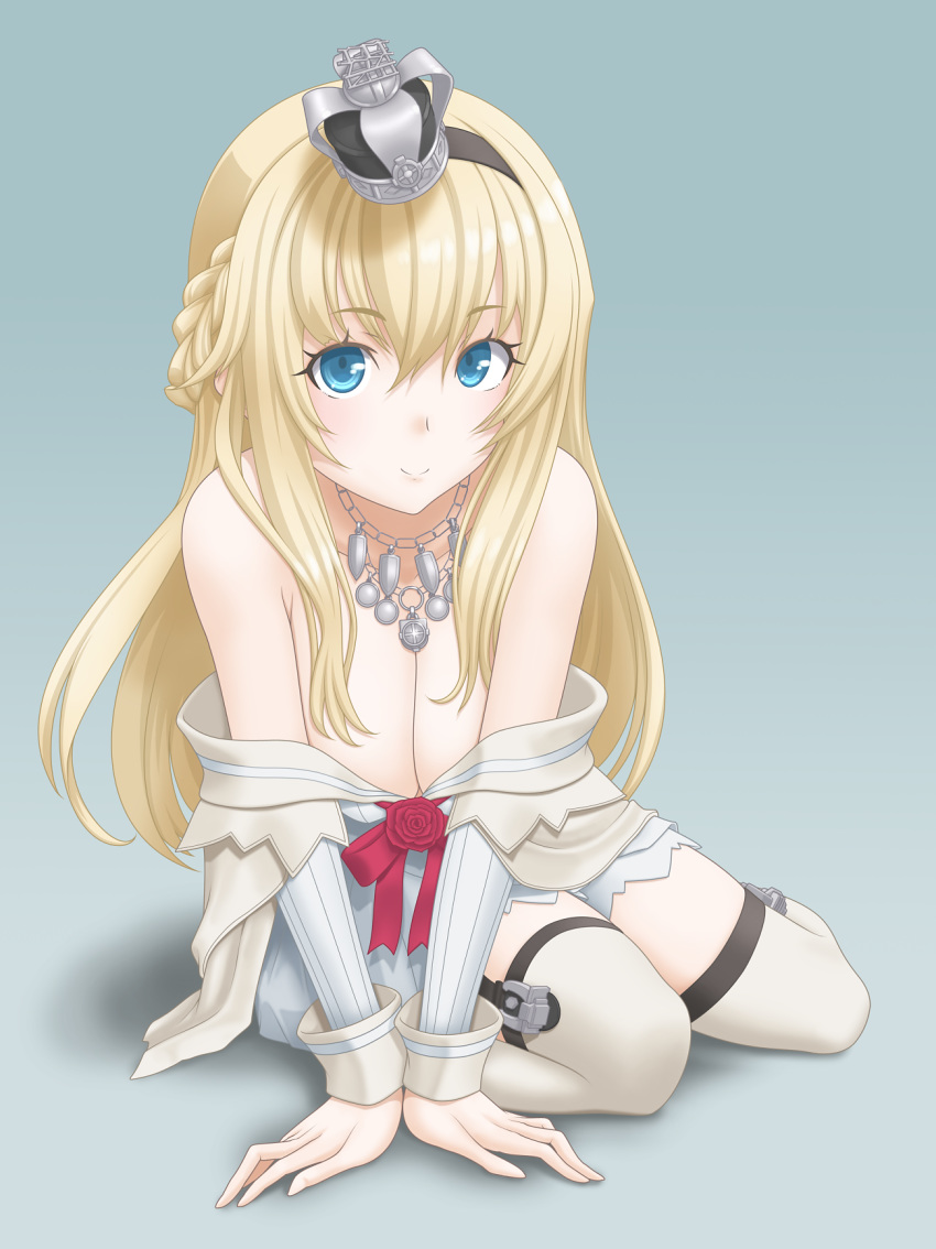 blonde_hair blue_eyes braid breasts cleavage crown dress flower french_braid full_body garter_straps gradient gradient_background grey_background hairband highres jewelry kantai_collection long_hair long_sleeves looking_at_viewer mini_crown necklace off-shoulder_dress off_shoulder red_flower red_ribbon red_rose ribbon rose sitting solo t2r thighhighs warspite_(kantai_collection) white_dress yokozuwari