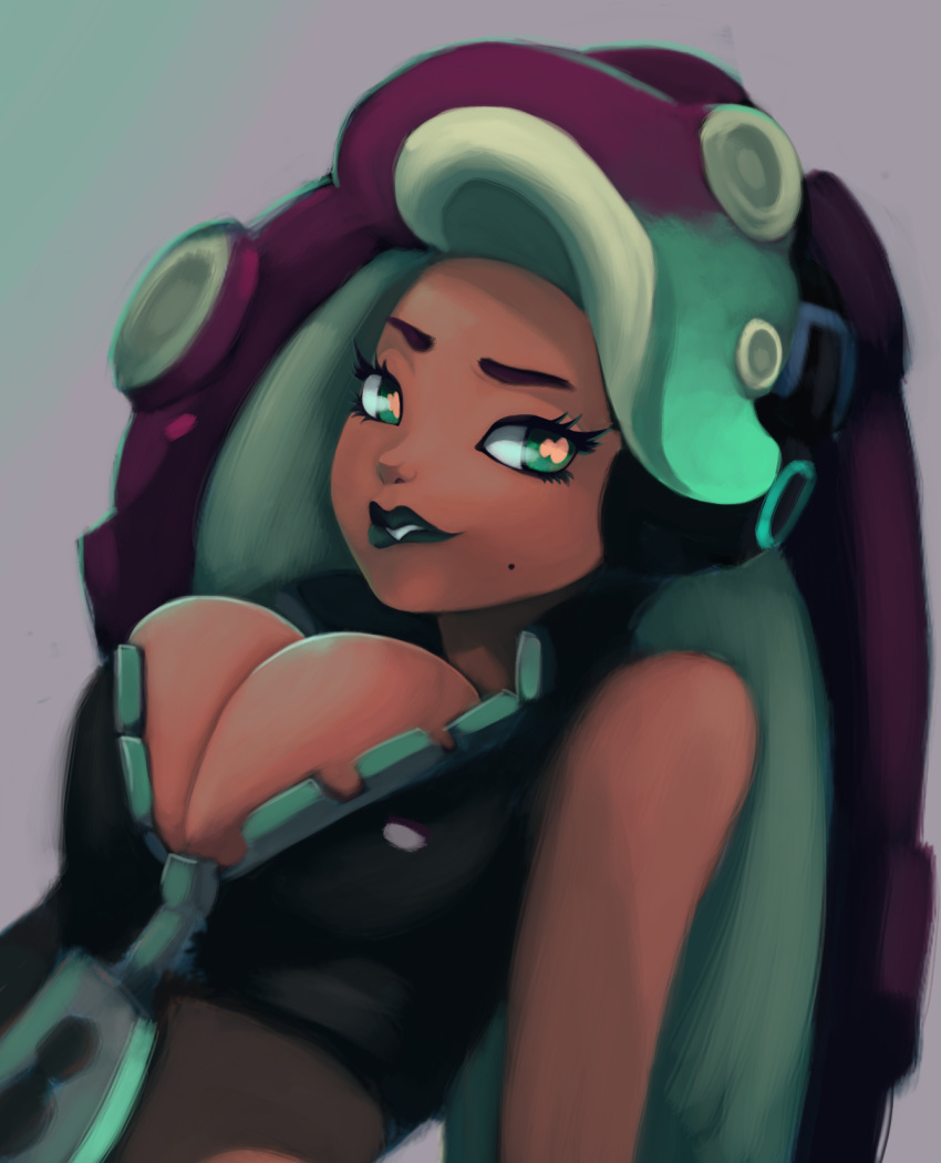 big_breasts breasts cleavage clothed clothing eyelashes female green_eyes humanoid jigglet lips looking_at_viewer marina_(splatoon) nintendo not_furry octoling solo splatoon video_games