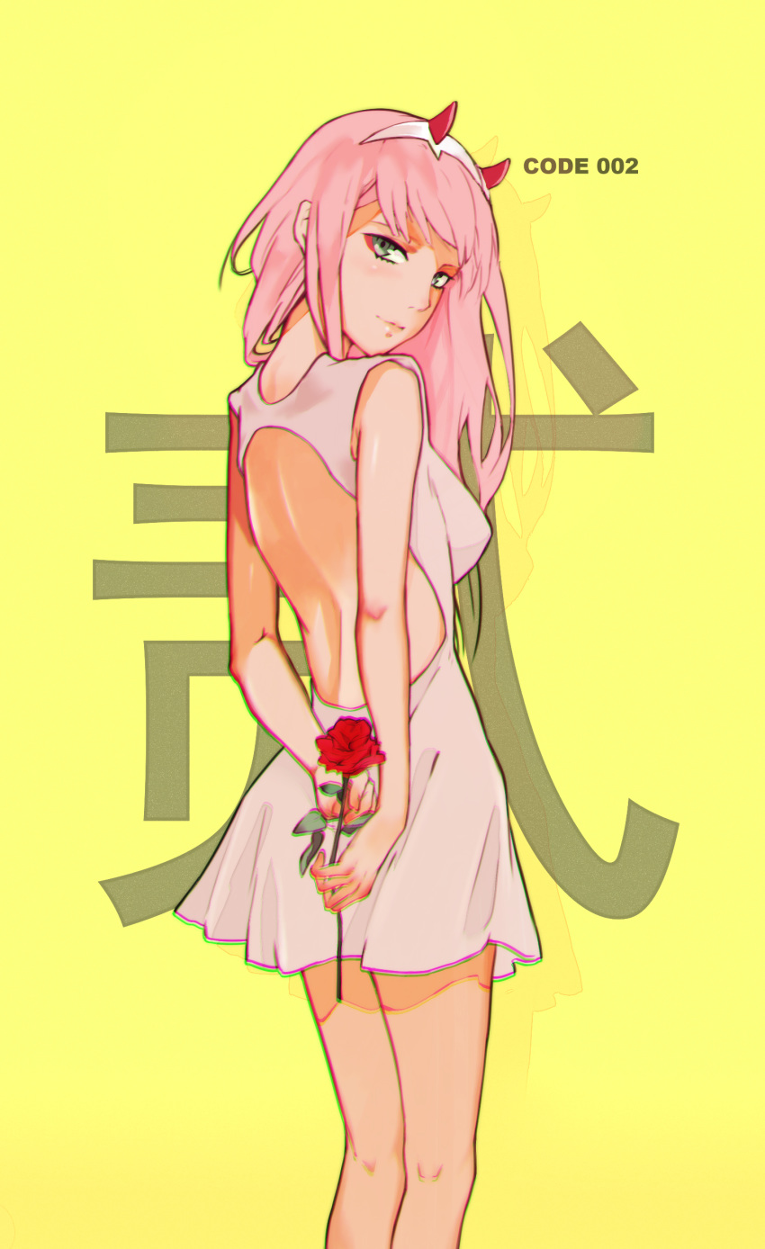 absurdres afternoir backless_dress backless_outfit bangs breasts darling_in_the_franxx dress eyebrows_visible_through_hair fake_horns flower from_behind green_eyes hairband head_tilt highres holding holding_flower long_hair looking_at_viewer looking_back pink_hair red_flower red_rose rose short_dress simple_background sleeveless sleeveless_dress solo standing swept_bangs white_dress white_hairband yellow_background zero_two_(darling_in_the_franxx)