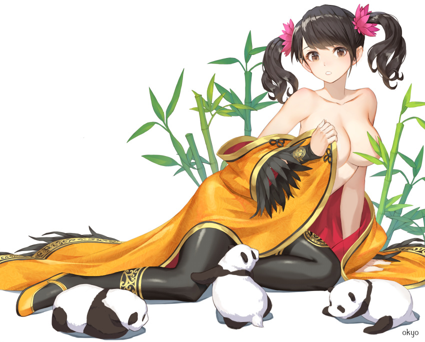 absurdres animal arm_support artist_name bangs black_hair black_legwear breasts brown_eyes cleavage collarbone convenient_censoring cub floating_hair flower full_body hair_flower hair_ornament highres large_breasts ling_xiaoyu long_hair looking_at_viewer open_clothes panda panda_cub pantyhose pink_flower pumps simple_background sitting solo songdaesic swept_bangs tekken twintails white_background yellow_footwear