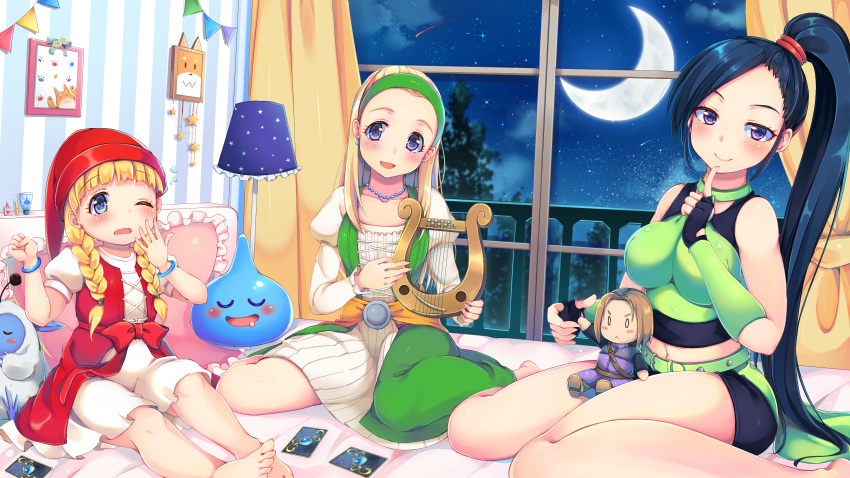 :d airmisuzu barefoot bed black_hair blonde_hair braid card chibi commentary_request crescent_moon d; dragon_quest dragon_quest_xi finger_to_mouth hairband harp hero_(dq11) highres instrument looking_at_viewer martina_(dq11) midriff moon multiple_girls navel one_eye_closed open_mouth ponytail senya_(dq11) sitting sky slime_(dragon_quest) smile star_(sky) starry_moon starry_sky twin_braids veronica_(dq11) wariza window