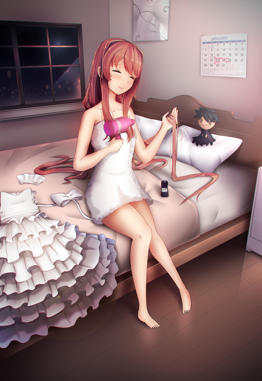 absurdres barefoot bed brown_hair calendar_(object) closed_eyes collarbone commentary doki_doki_literature_club doll dress dress_removed drying drying_hair english_commentary full_body hair_down hair_dryer hair_ornament_removed highres indoors jewelry long_hair monika_(doki_doki_literature_club) naked_towel night on_bed pillow ring sitting smile solo towel tsukimaru very_long_hair wedding_ring wet wet_hair white_dress window wooden_floor