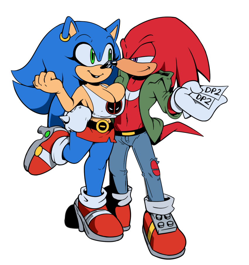 belt big_breasts breasts cleavage clothed clothing crossgender cuisine footwear high_heels jeans knuckles_the_echidna mammal miniskirt pants shoes simple_background skirt smile sonic_(series) sonic_the_hedgehog white_background