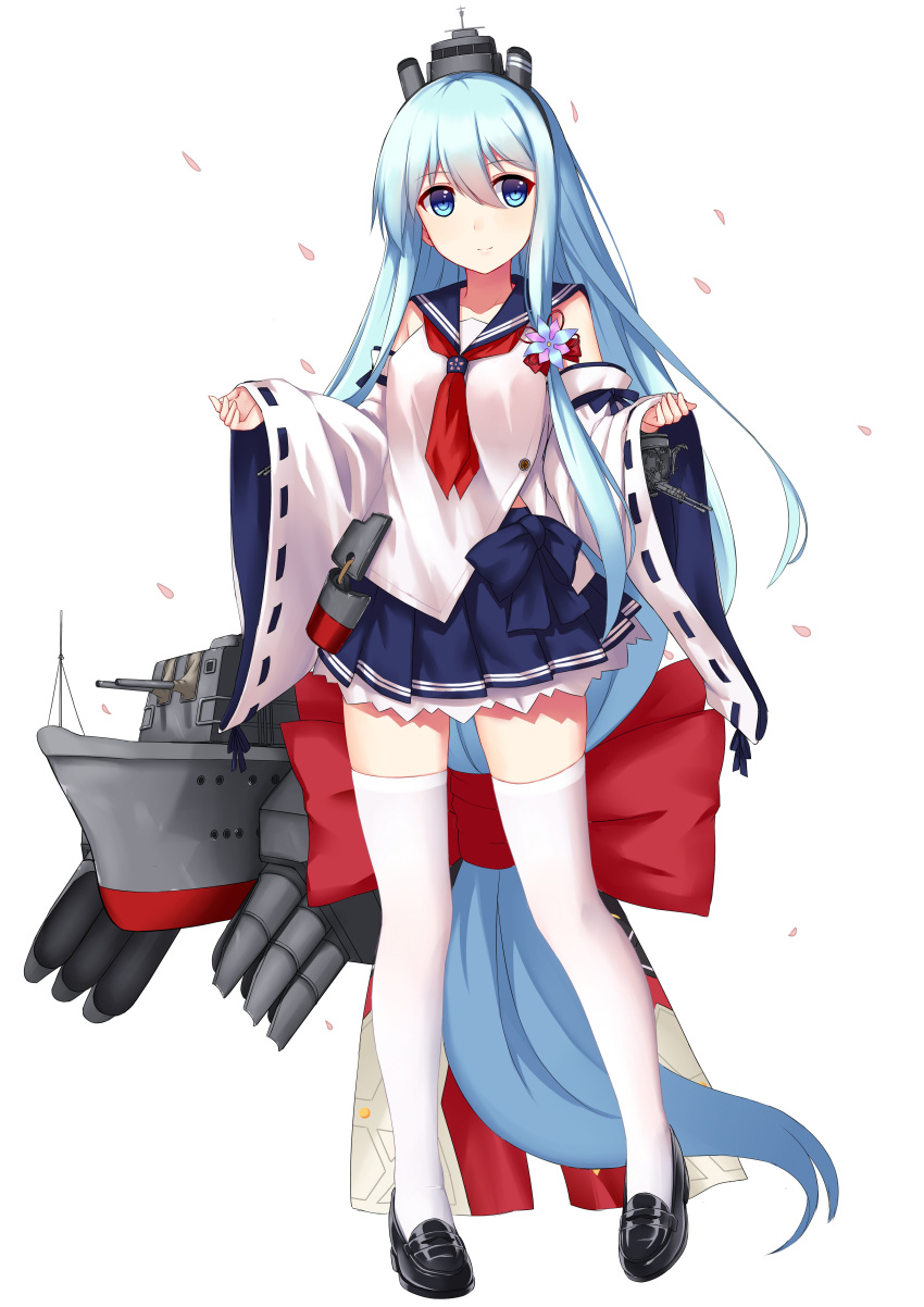 absurdly_long_hair absurdres allenes black_footwear blue_bow blue_eyes blue_hair blue_ribbon blue_skirt bow cannon cherry_blossoms closed_mouth detached_sleeves dress flower full_body hair_between_eyes hair_flower hair_ornament headgear highres large_bow light_smile loafers long_hair looking_at_viewer low-tied_long_hair machinery miniskirt neckerchief official_art petals pleated_skirt red_bow remodel_(zhan_jian_shao_nyu) ribbon rigging sailor_collar sailor_dress shirayuki_(zhan_jian_shao_nyu) shirt shoes simple_background skirt smokestack solo standing thighhighs torpedo turret very_long_hair white_background white_legwear white_shirt wide_sleeves zettai_ryouiki zhan_jian_shao_nyu