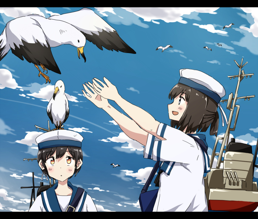 :d animal animal_on_head any_(lucky_denver_mint) bird bird_on_head black_hair blue_sailor_collar blue_sky brown_eyes daitou_(kantai_collection) day dress hat hiburi_(kantai_collection) kantai_collection looking_at_another multiple_girls on_head open_mouth outdoors outstretched_arms ponytail rigging sailor_collar sailor_dress sailor_hat seagull short_hair short_ponytail short_sleeves sky smile white_hat