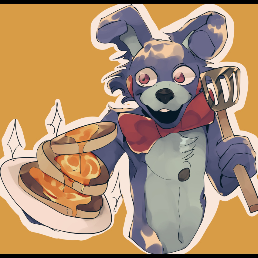 2018 absurd_res animatronic anthro bow_tie danchundemei digital_media_(artwork) five_nights_at_freddy's five_nights_at_freddy's_2 food hi_res lagomorph machine male mammal pancake rabbit robot simple_background toy_bonnie_(fnaf) video_games