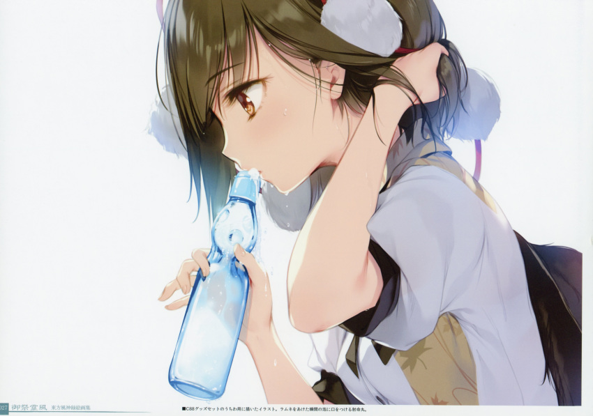 absurdres arm_up black_hair black_wings blush bottle drinking feathers from_side hand_in_hair highres holding holding_bottle huge_filesize ke-ta pom_pom_(clothes) profile puffy_short_sleeves puffy_sleeves ramune red_eyes scan shameimaru_aya shirt short_hair short_sleeves simple_background solo string sweat tassel touhou translation_request upper_body white_background white_shirt wing_collar wings