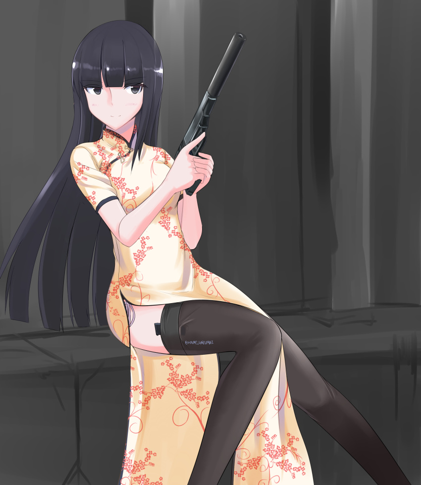 absurdres bangs black_eyes black_hair black_legwear blunt_bangs blush china_dress chinese_clothes closed_mouth commentary_request dress floral_print gun handgun highres hime_cut holding holding_weapon m1910 original pistol print_dress shiden shiden21gata short_sleeves signature sitting smile solo suppressor thighhighs trigger_discipline weapon