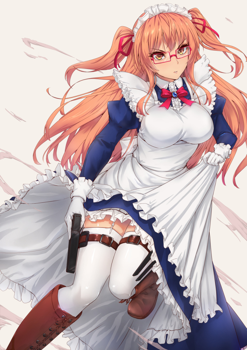apron bangs boots bow bowtie breasts brown_eyes brown_footwear commentary_request detached_sleeves dress eyebrows_visible_through_hair frills garter_straps glasses gloves gun handgun highres holding holster juliet_sleeves large_breasts leg_up long_hair long_sleeves looking_at_viewer maid maid_apron maid_headdress orange_hair original parted_lips puffy_sleeves serious sidelocks simple_background solo thigh_holster tori@gununu two_side_up weapon white_gloves white_legwear