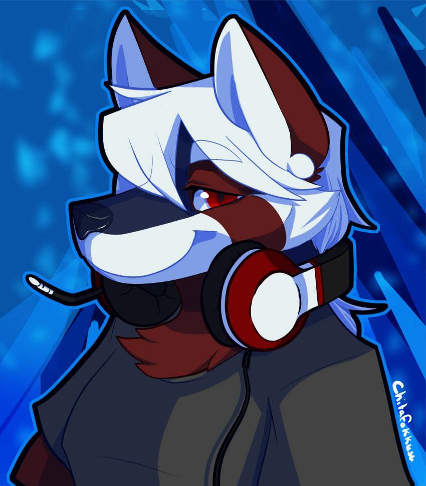 2018 anthro black_shirt blue_background bust_(disambiguation) canine chest_tuft chitafokkusu_(artist) clothing digital_media_(artwork) fox fur gamer hair half-closed_eyes headphones headshot inner_ear_fluff long_hair looking_at_viewer male mammal red_eyes red_fur red_panda renaissance_vulpine_(character) simple_background smile solo tuft white_hair