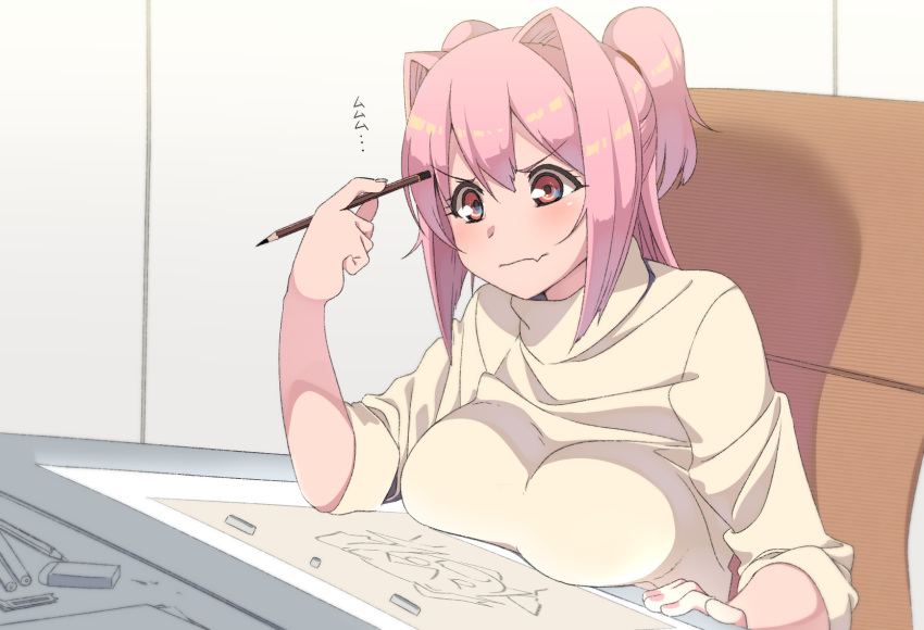 bangs breast_rest breasts commentary_request concentrating drawing drawing_board eraser hair_intakes highres large_breasts miton-chan_(miton_(turuyasann)) miton_(turuyasann) original paper pencil pencil_to_face pink_eyes pink_hair shirt sitting sleeves_pushed_up solo two_side_up wavy_mouth yellow_shirt