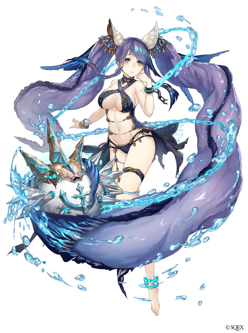 absurdres anchor_symbol anklet aqua_eyes barefoot bracelet chain cuffs fins flail frown full_body gold_trim hand_on_own_cheek highres hydrokinesis jewelry ji_no long_hair navel ningyo_hime_(sinoalice) official_art puffer_fish purple_hair revealing_clothes shackles sinoalice solo sqex thigh_strap very_long_hair water water_drop weapon white_background