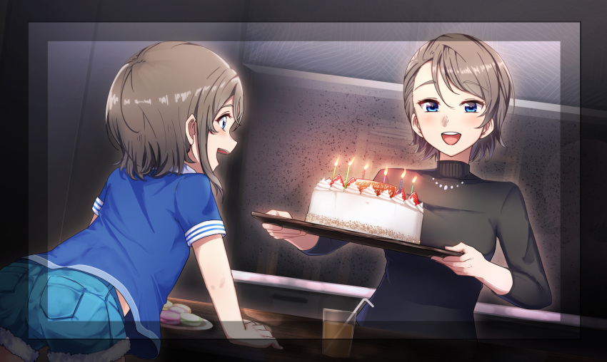:d birthday_cake black_shirt blue_eyes blue_shirt blue_shorts border cake cup drinking_glass drinking_straw food grey_hair highres holding holding_tray indoors jewelry long_sleeves looking_at_another love_live! love_live!_sunshine!! macaron mother_and_daughter multiple_girls necklace open_mouth otsumami_(otsu-mugi) round_teeth shirt short_hair short_sleeves shorts smile table teeth tray turtleneck upper_teeth watanabe_you watanabe_you's_mother younger