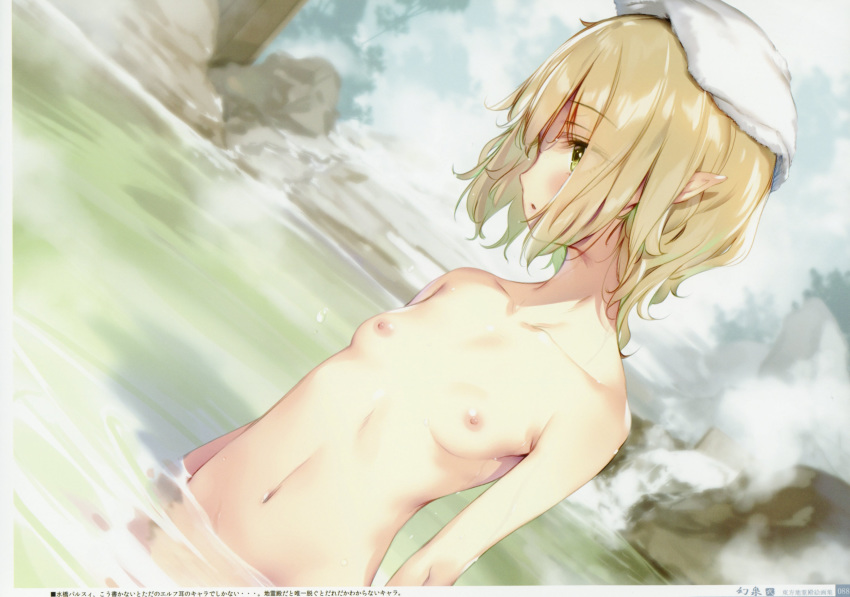 :o absurdres alternate_hairstyle arms_at_sides bangs bath bathing blonde_hair blush breasts collarbone day dutch_angle eyebrows_visible_through_hair eyes_visible_through_hair forest green_eyes groin hair_down hair_over_one_eye highres ke-ta looking_away mizuhashi_parsee nature navel nipples nude onsen open_mouth outdoors partially_submerged pointy_ears profile ripples rock scan short_hair small_breasts solo steam touhou towel towel_on_head translation_request tree water wet white_towel
