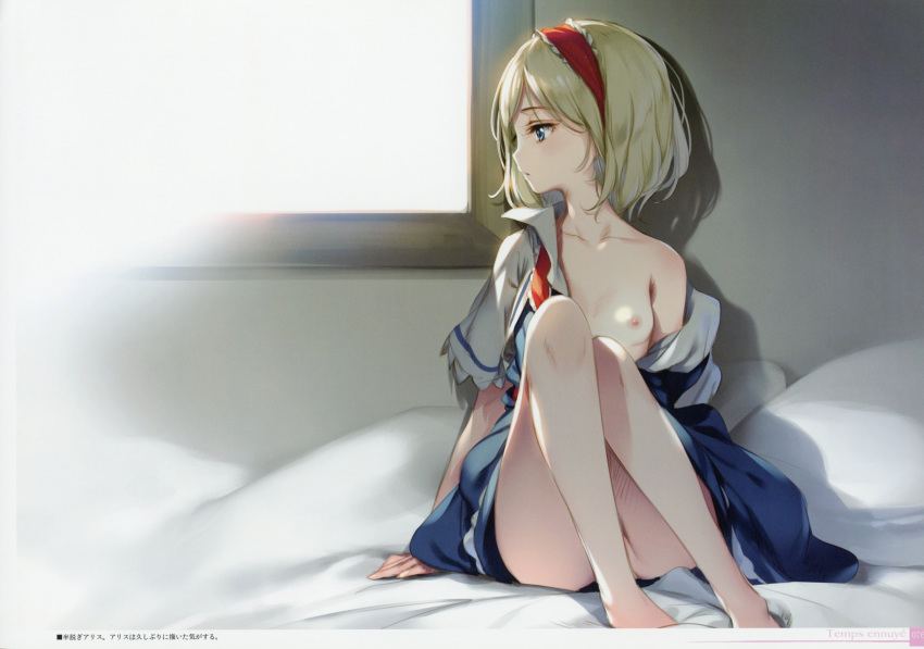 absurdres alice_margatroid bare_legs barefoot blonde_hair blue_dress blue_eyes breasts clothes_removed collarbone convenient_leg dress hairband highres indoors ke-ta knees_up legs looking_to_the_side nipples no_panties off_shoulder on_bed one_breast_out open_clothes profile red_hairband scan shadow short_hair sitting small_breasts solo touhou translation_request window
