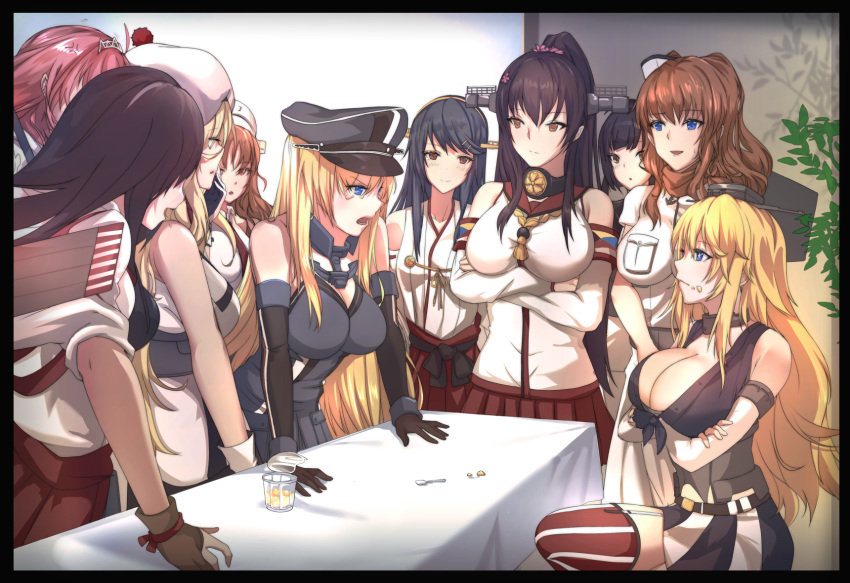 akagi_(kantai_collection) akizuki_(kantai_collection) anger_vein antiqq ark_royal_(kantai_collection) arms_under_breasts bare_shoulders beret bismarck_(kantai_collection) black_border black_hair blonde_hair blue_eyes border breast_hold breasts brown_eyes brown_gloves brown_hair cleavage commentary crossed_arms detached_sleeves dress food food_on_face front-tie_top g7_summit gloves hair_between_eyes hairband hakama haruna_(kantai_collection) hat headgear highres huge_breasts iowa_(kantai_collection) japanese_clothes kantai_collection large_breasts littorio_(kantai_collection) long_hair long_sleeves military military_hat military_uniform multiple_girls nontraditional_miko open_mouth parody partly_fingerless_gloves peaked_cap pleated_skirt ponytail pudding real_life red_hair red_hakama red_skirt revision richelieu_(kantai_collection) saratoga_(kantai_collection) short_hair short_sleeves skirt smile star star-shaped_pupils symbol-shaped_pupils tasuki tears thighhighs tiara uniform wavy_hair white_dress yamato_(kantai_collection) yugake z_flag