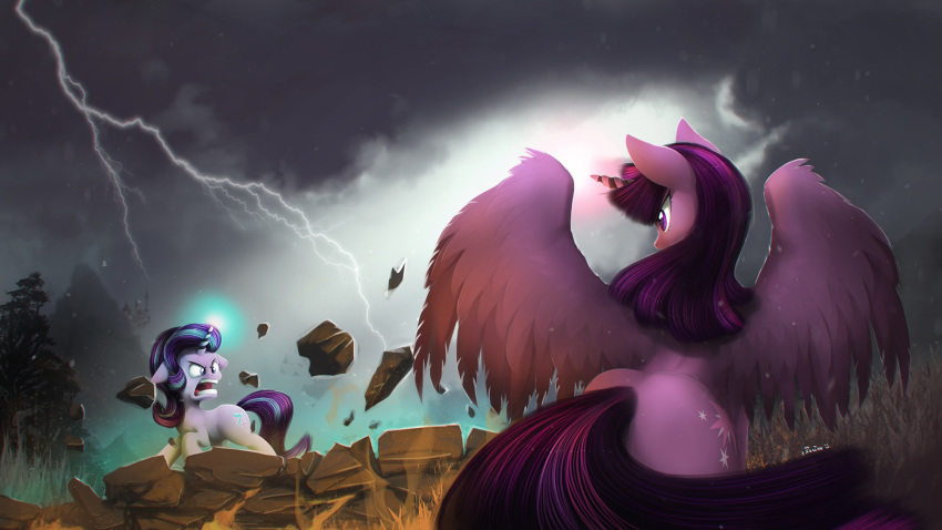 2017 angry blackligerth butt cloud cutie_mark duo equine eyebrows eyelashes feathered_wings feathers female feral fight fighting_stance floppy_ears friendship_is_magic glowing_horn hair hi_res hooves horn lightning magic mammal mountain multicolored_hair my_little_pony nude open_mouth outside purple_eyes purple_feathers purple_hair rear_view rock sky standing starlight_glimmer_(mlp) storm teeth tongue tree twilight_sparkle_(mlp) two_tone_hair unicorn winged_unicorn wings