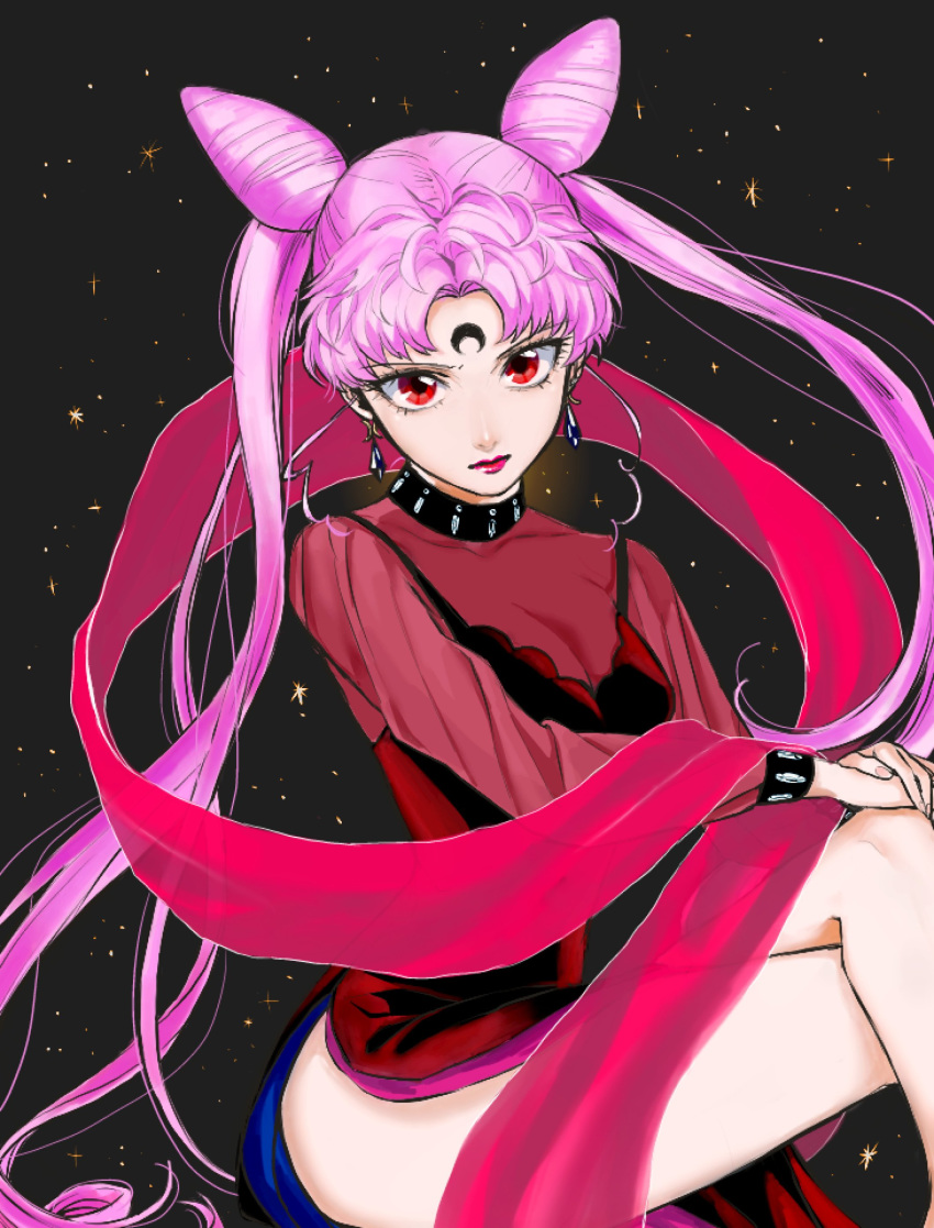 absurdres bangs bare_legs bishoujo_senshi_sailor_moon black_background black_lady chibi_usa closed_mouth crossed_legs crystal_earrings double_bun dress earrings facial_mark forehead_mark hands_together highres jewelry lipstick long_hair long_sleeves makeup nora_kokoko older parted_bangs pink_hair pink_lips red_dress red_eyes shawl side_slit solo twintails very_long_hair