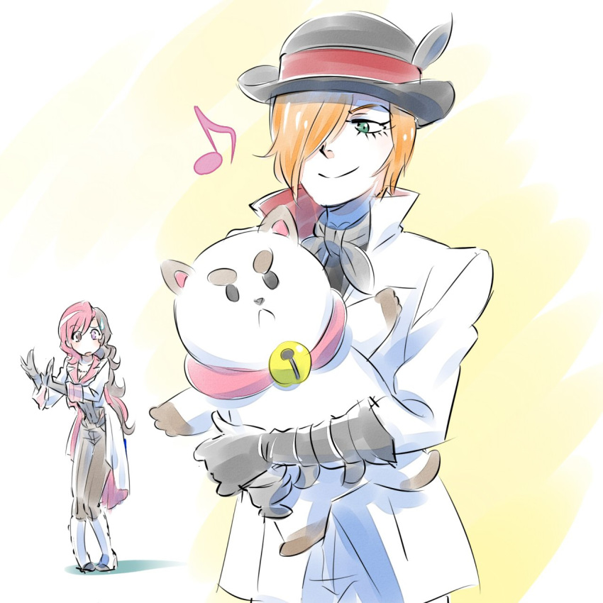 1girl bee_and_puppycat bell black_hat bowler_hat commentary_request eyelashes gloves green_eyes hair_over_one_eye half-closed_eye hands_up hat highres holding holding_stuffed_animal hug iesupa jingle_bell long_hair looking_at_another musical_note neo_(rwby) pale_color puppycat raised_eyebrow roman_torchwick rwby sketch smile standing stuffed_animal stuffed_cat stuffed_toy