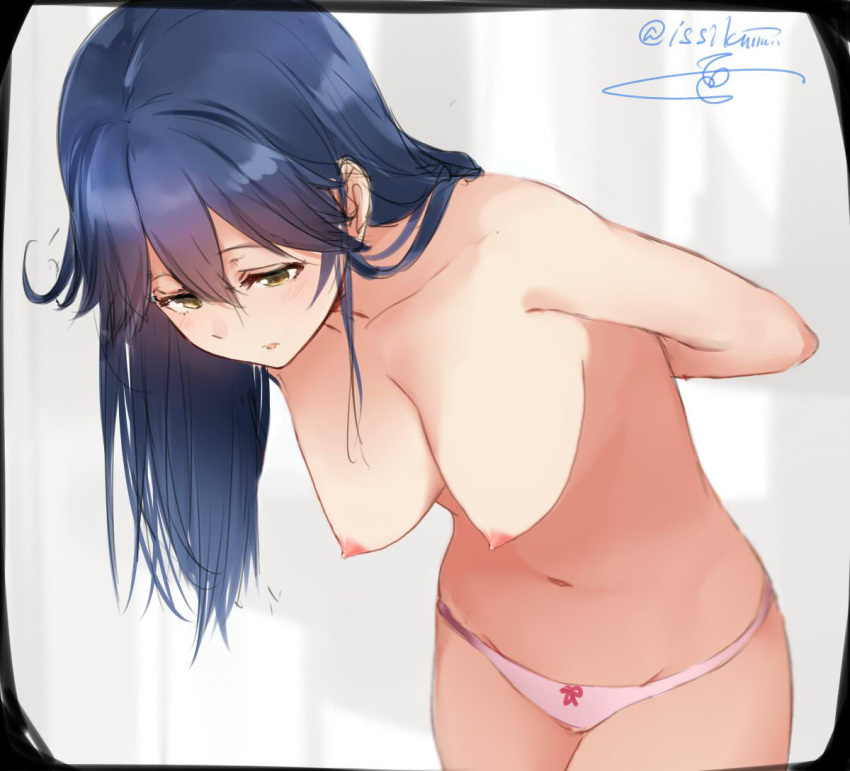 10s 1girl areolae bare_arms bare_shoulders blue_hair blush bow bow_bra bow_panties breasts brown_eyes cleavage collarbone cowboy_shot hagirussia_(sanyanyanya) hair_between_eyes hanging_breasts isshiki_(ffmania7) kantai_collection long_hair looking_down medium_breasts navel nipples no_bra panties pink_bow red_bow solo standing stomach third-party_edit topless twitter_username underwear underwear_only undressing ushio_(kantai_collection)