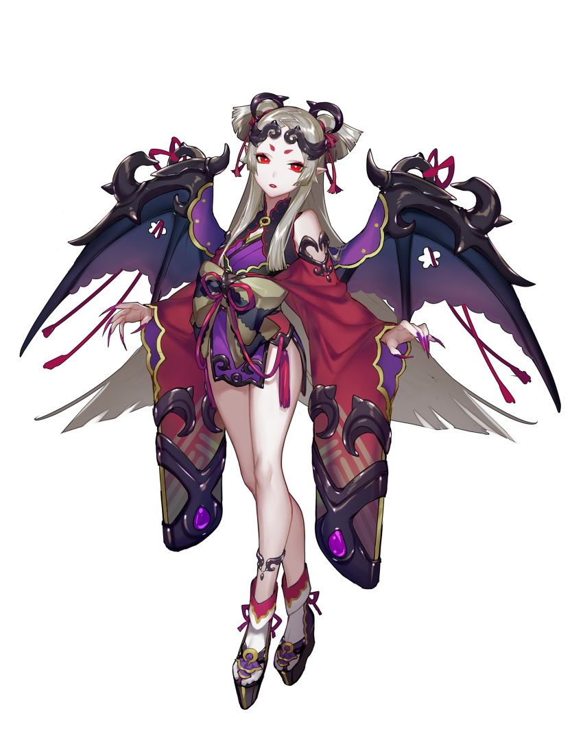absurdres bare_shoulders commentary_request demon_girl demon_wings fingernails flat_chest full_body grey_hair hair_ornament highres japanese_clothes kimono lips lipstick loalo long_fingernails long_hair long_sleeves makeup nail_polish obi onmyoji onmyouji pale_skin parted_lips platform_footwear pointy_ears purple_nails red_eyes sandals sash shiny shiny_hair sidelocks solo standing tabi transparent_background wide_sleeves wings xixue_ji