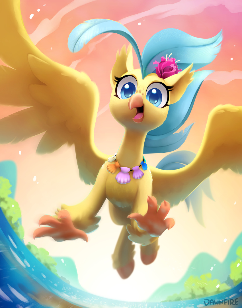 2018 avian beak celebi-yoshi digital_media_(artwork) feathered_wings feathers female feral flower flower_in_hair flying hi_res hippogryph my_little_pony my_little_pony_the_movie outside plant princess_skystar_(mlp) solo spread_wings wings