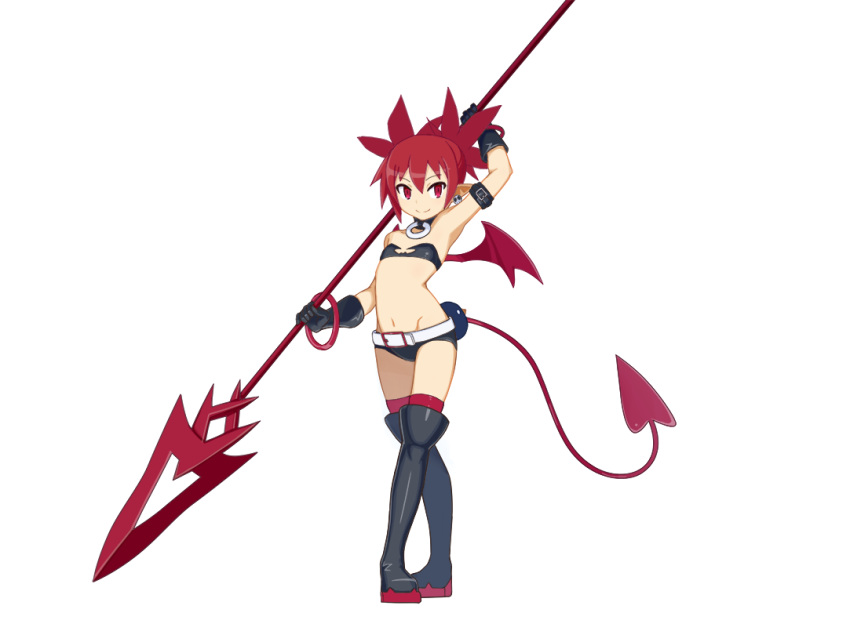 5_fingers armwear boots buckle clothed clothing demon disgaea ear_piercing etna female fingers flat_chested footwear gloves hair holding_object holding_weapon humanoid legwear looking_at_viewer mammal melee_weapon membranous_wings navel not_furry o-ring o-ring_collar piercing pigtails pointy_ears polearm red_eyes red_hair short_hair simple_background skull_earrings smile solo spade_tail spear standing video_games weapon white_background wings にとみ_(artist)