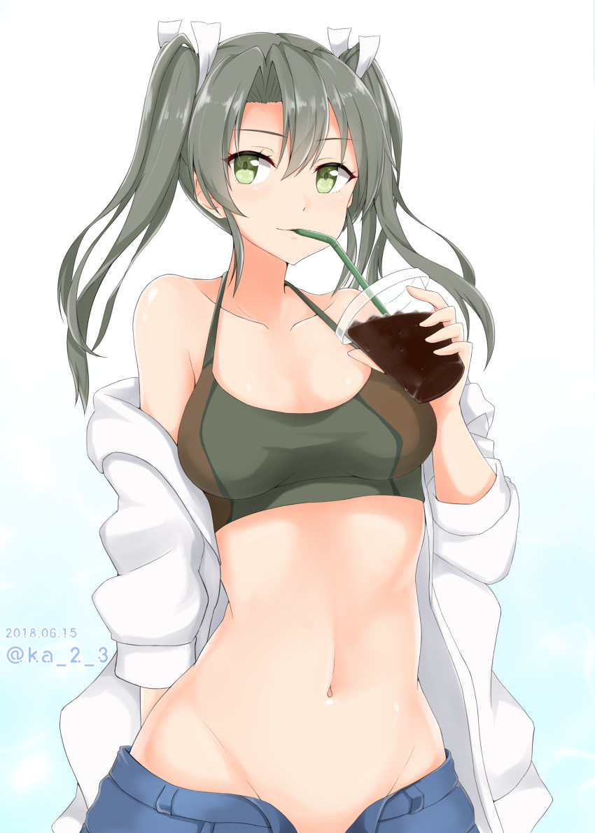 absurdres blue_background blue_pants bra breasts camouflage camouflage_bra cleavage closed_mouth collarbone commentary_request dated drinking drinking_straw gradient gradient_background green_eyes grey_hair hair_between_eyes highres ka_tsumi kantai_collection long_hair looking_at_viewer navel off_shoulder open_clothes open_fly open_shirt pants shiny shiny_hair shirt small_breasts smile solo sports_bra twintails twitter_username underwear white_shirt zuikaku_(kantai_collection)