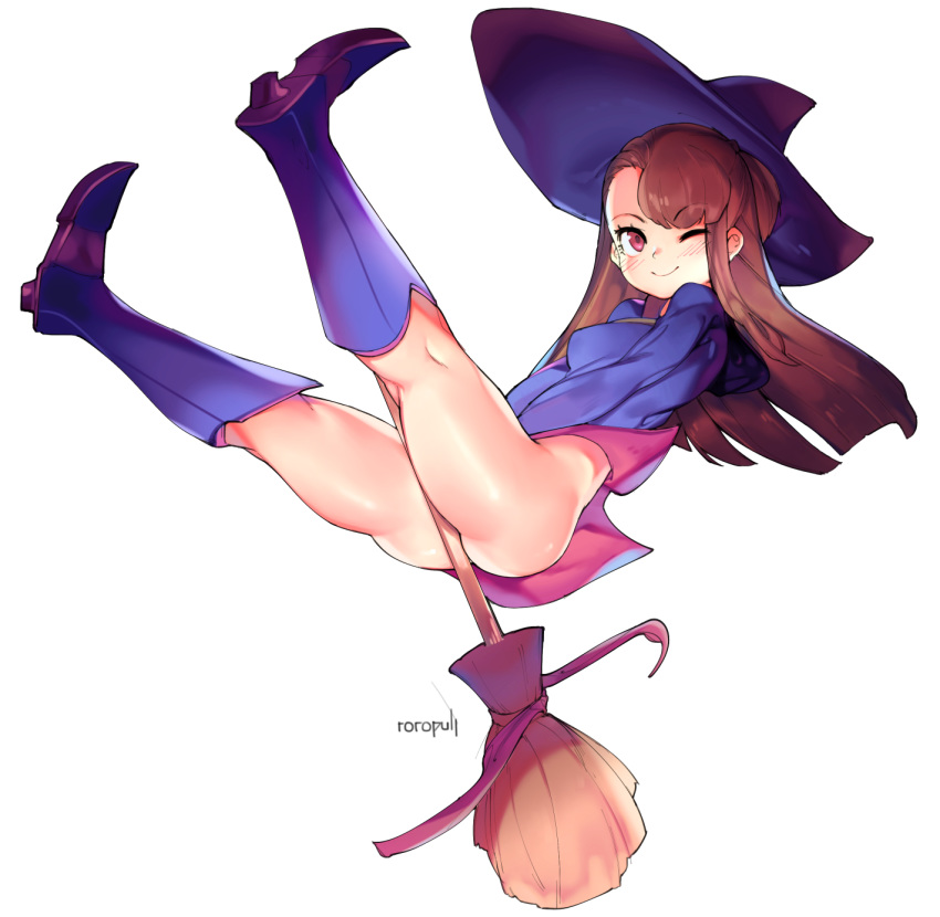 artist_name ass blush bottomless broom brown_hair hat highres kagari_atsuko legs legs_up little_witch_academia looking_at_viewer midair no_panties one_eye_closed red_eyes roropull signature simple_background solo thighs white_background witch_hat